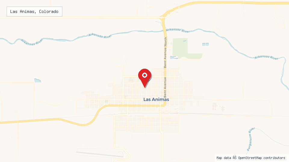 Street map of Las Animas, Colorado with location pin