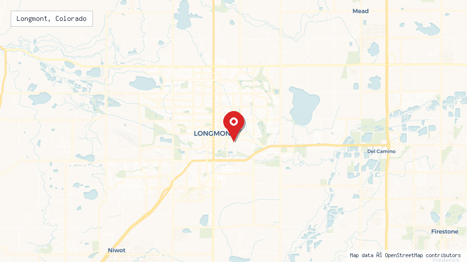 Street map of Longmont, Colorado with location pin