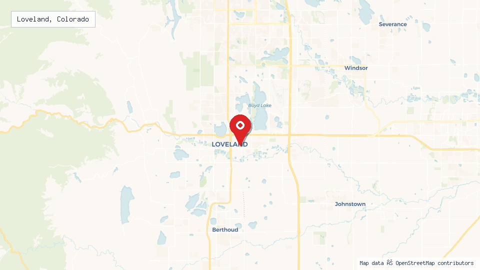 Street map of Loveland, Colorado with location pin
