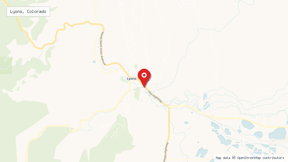 Street map of Lyons, Colorado with location pin