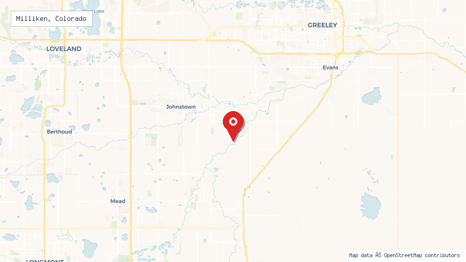 Street map of Milliken, Colorado with location pin