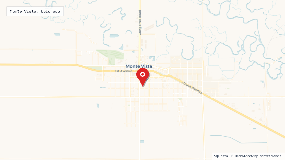 Street map of Monte Vista, Colorado with location pin