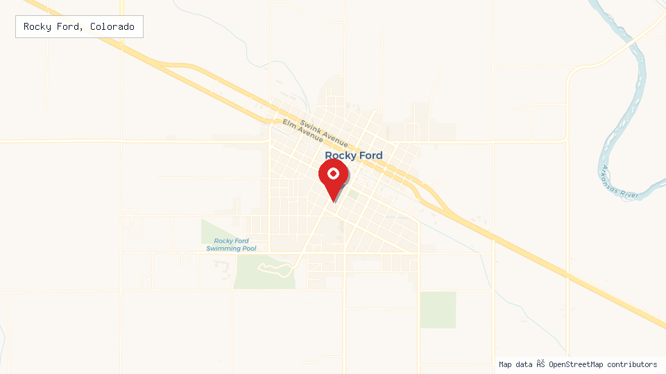 Street map of Rocky Ford, Colorado with location pin