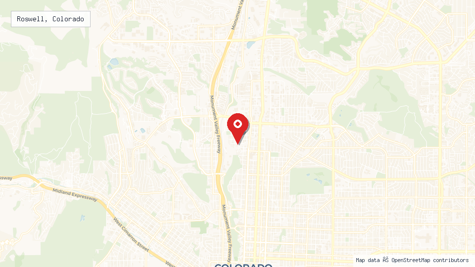 Street map of Roswell, Colorado with location pin