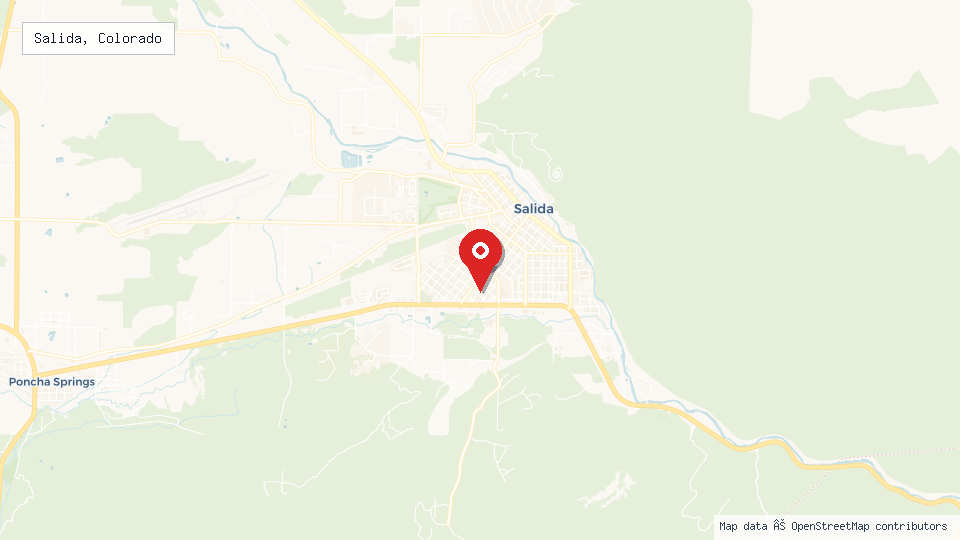 Street map of Salida, Colorado with location pin