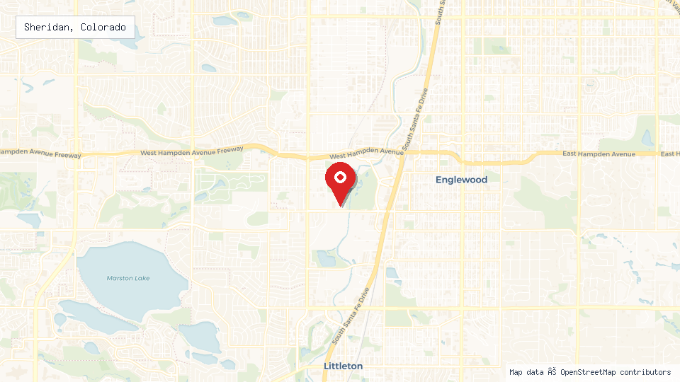 Street map of Sheridan, Colorado with location pin