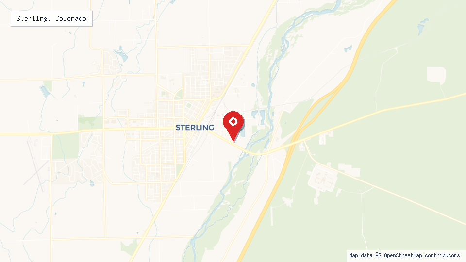 Street map of Sterling, Colorado with location pin
