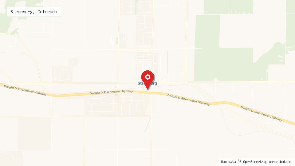 Street map of Strasburg, Colorado with location pin