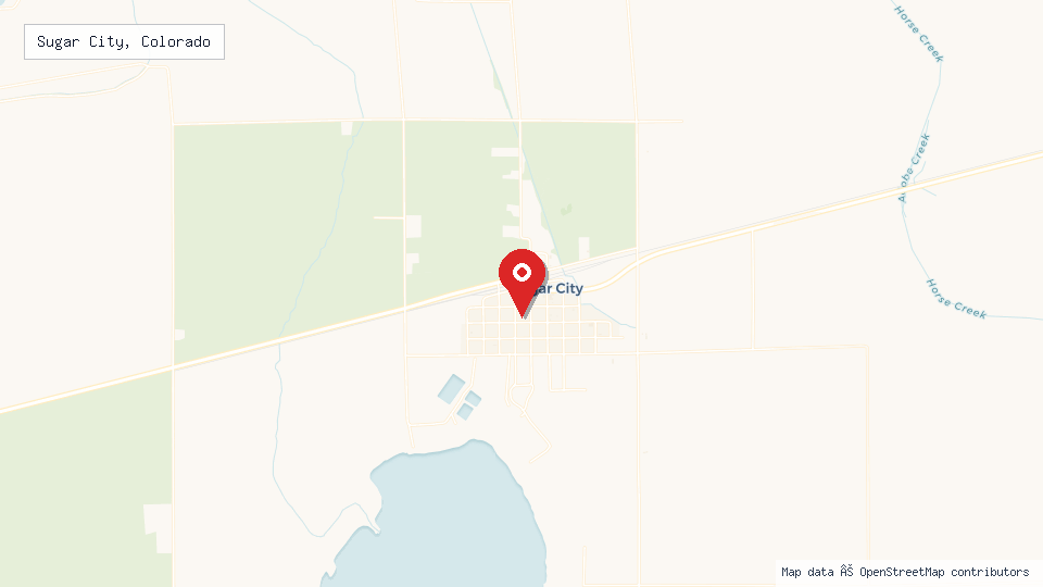 Street map of Sugar City, Colorado with location pin
