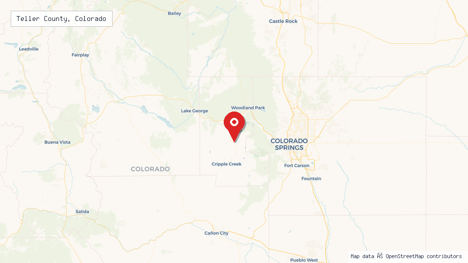 Street map of Teller County, Colorado with location pin