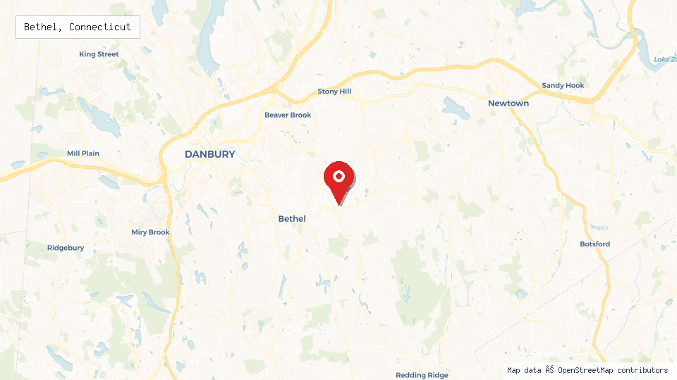 Street map of Bethel, Connecticut with location pin