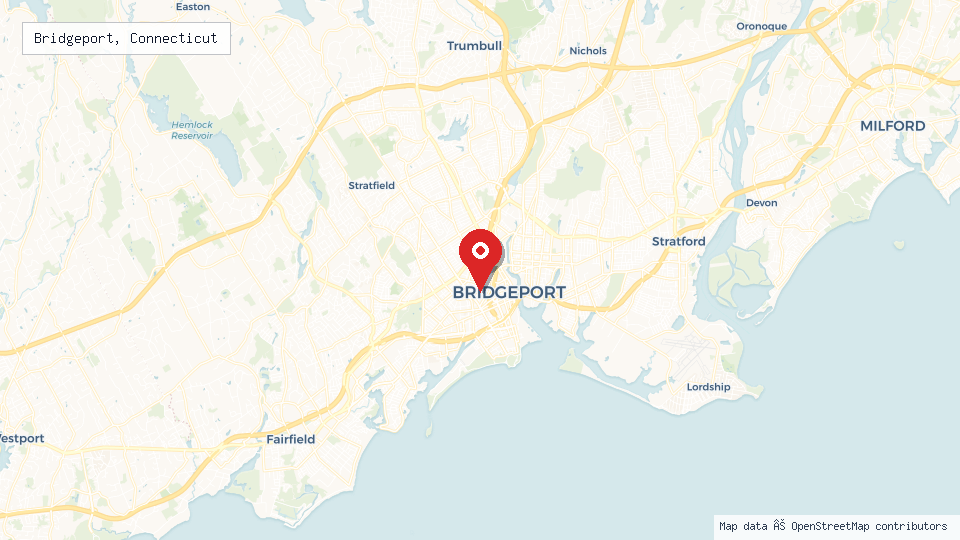 Street map of Bridgeport, Connecticut with location pin