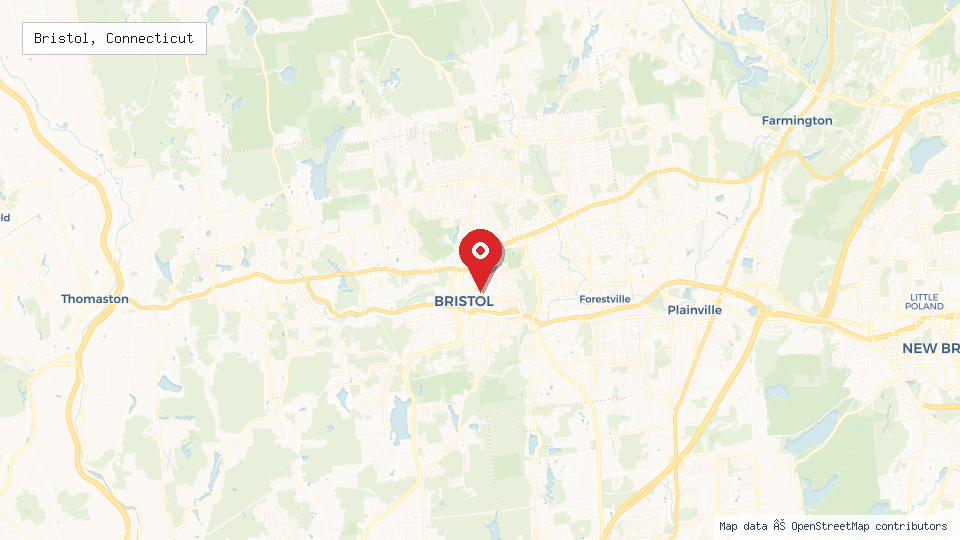 Street map of Bristol, Connecticut with location pin
