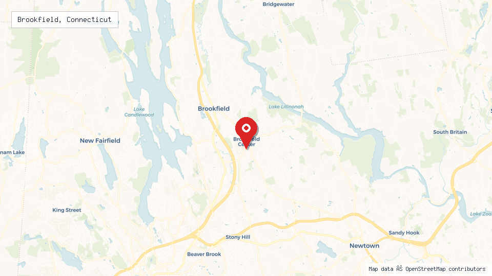 Street map of Brookfield, Connecticut with location pin