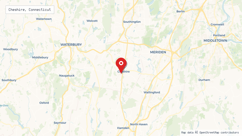 Street map of Cheshire, Connecticut with location pin