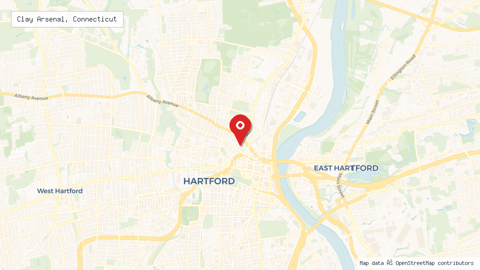 Street map of Clay Arsenal, Connecticut with location pin