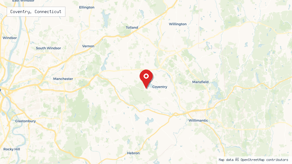 Street map of Coventry, Connecticut with location pin