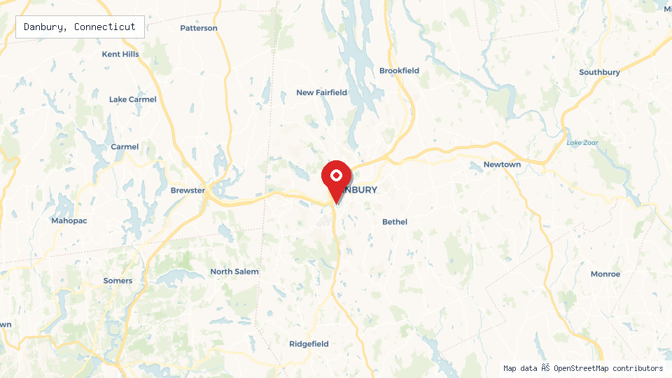 Street map of Danbury, Connecticut with location pin