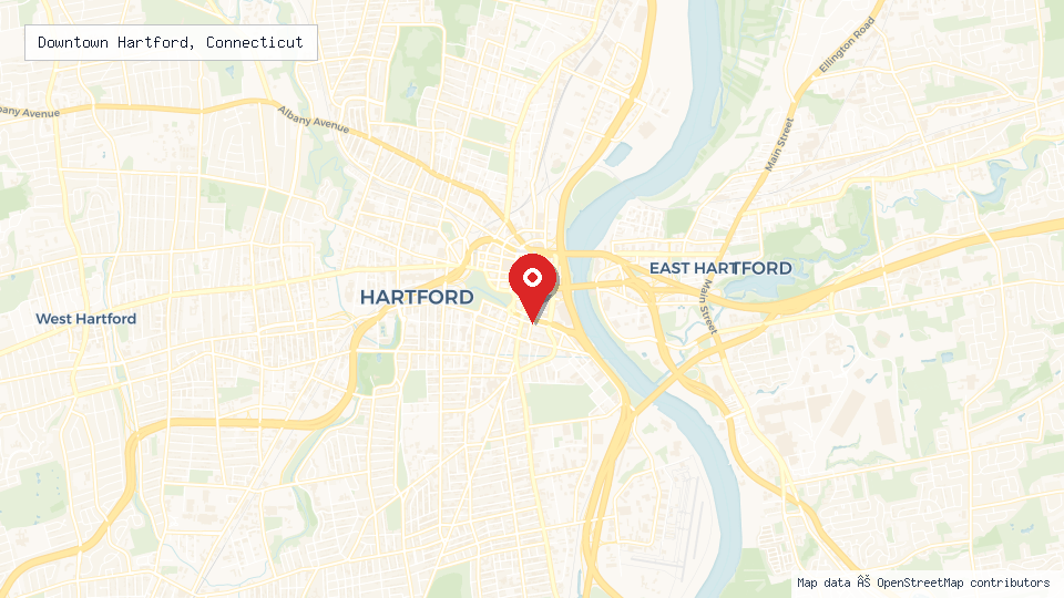 Street map of Downtown Hartford, Connecticut with location pin