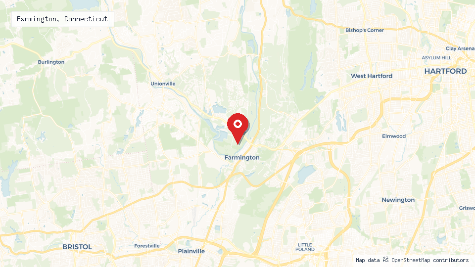 Street map of Farmington, Connecticut with location pin