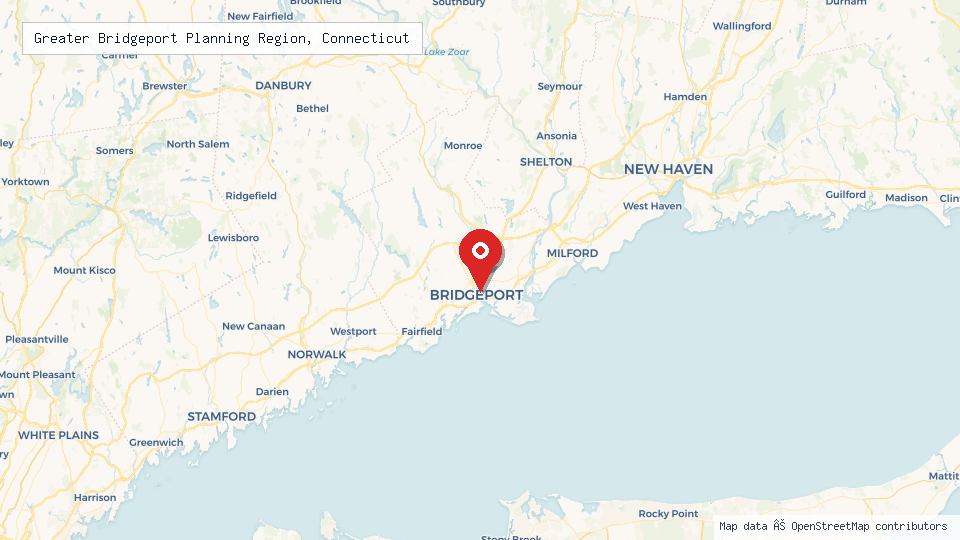 Street map of Greater Bridgeport Planning Region, Connecticut with location pin