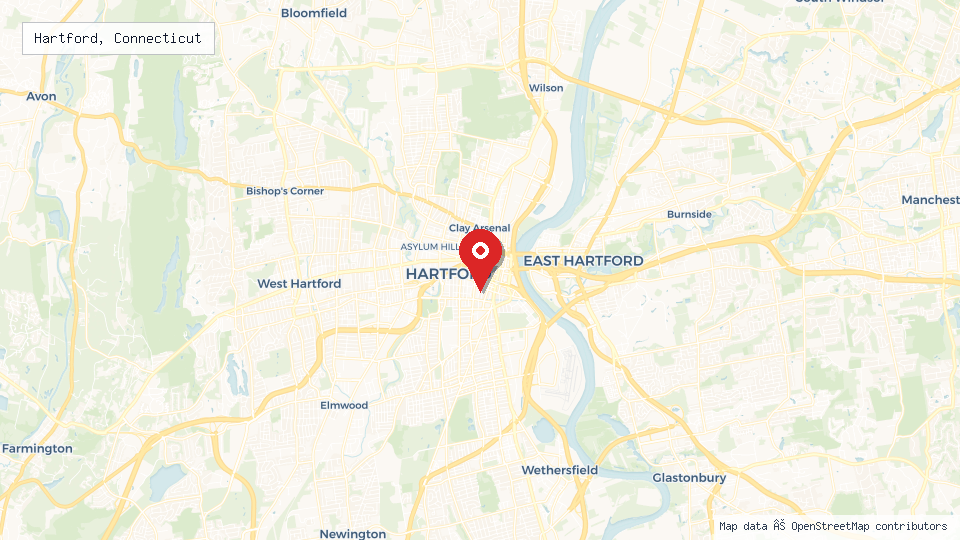 Street map of Hartford, Connecticut with location pin