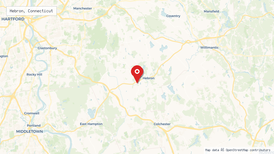 Street map of Hebron, Connecticut with location pin