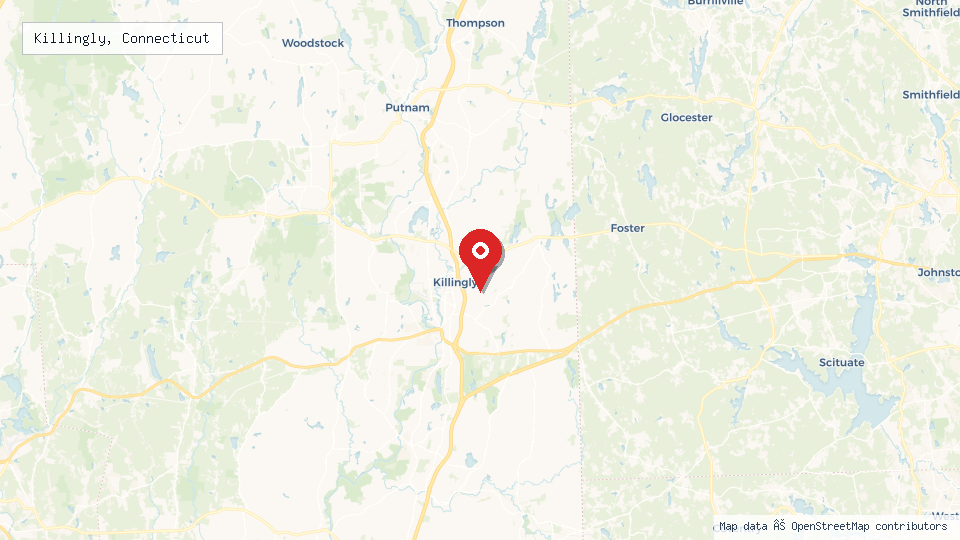 Street map of Killingly, Connecticut with location pin