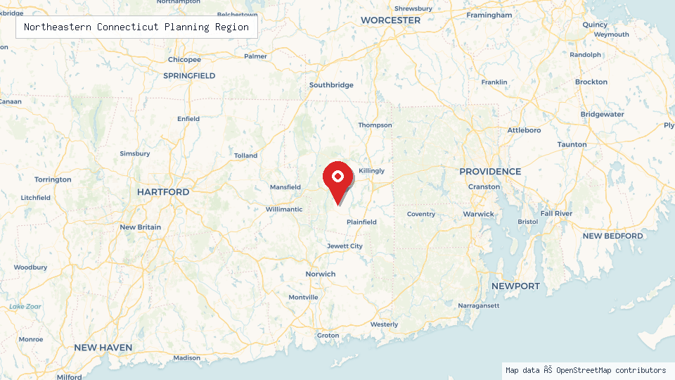 Street map of Northeastern Connecticut Planning Region with location pin