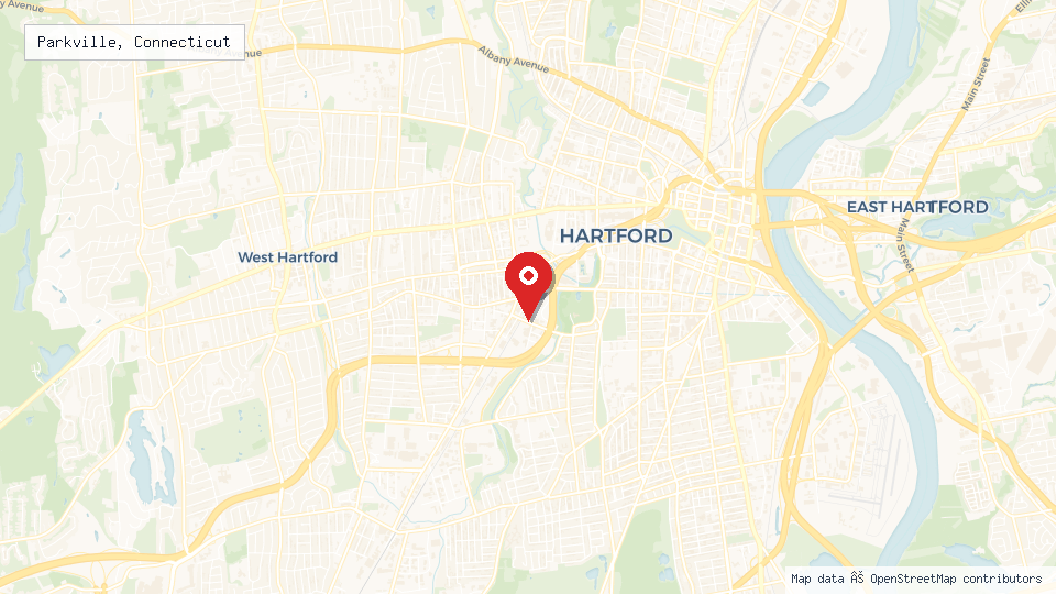 Street map of Parkville, Connecticut with location pin