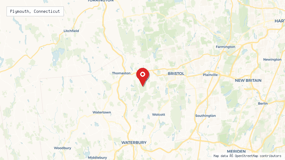 Street map of Plymouth, Connecticut with location pin