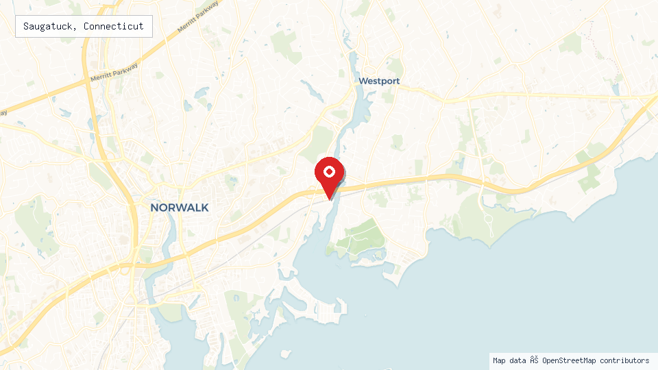 Street map of Saugatuck, Connecticut with location pin