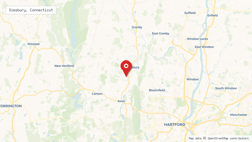 Street map of Simsbury, Connecticut with location pin