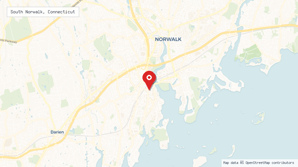 Street map of South Norwalk, Connecticut with location pin