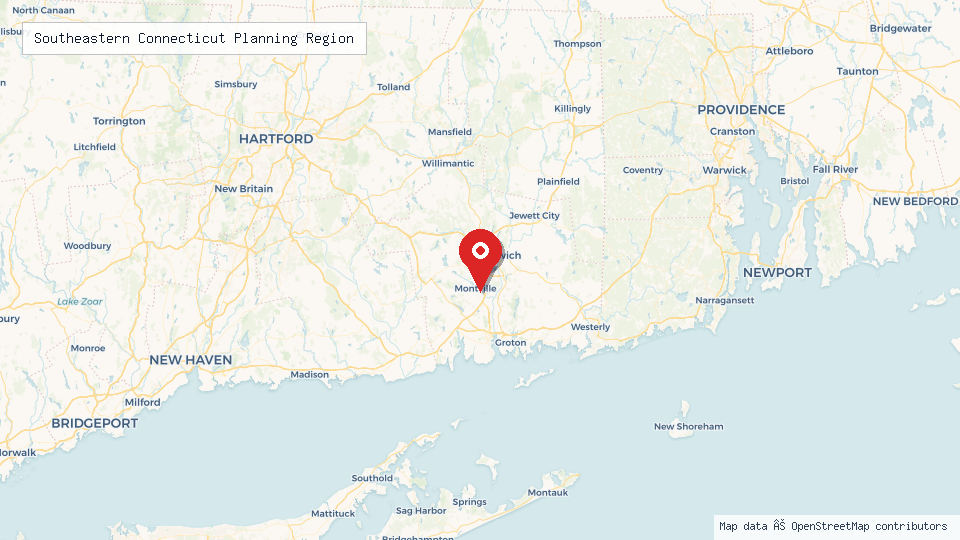 Street map of Southeastern Connecticut Planning Region with location pin