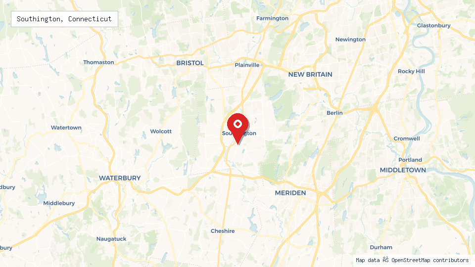 Street map of Southington, Connecticut with location pin