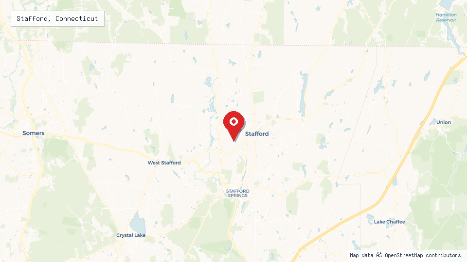 Street map of Stafford, Connecticut with location pin