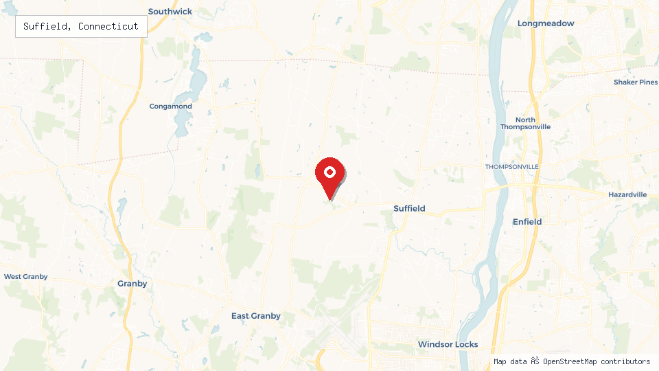 Street map of Suffield, Connecticut with location pin