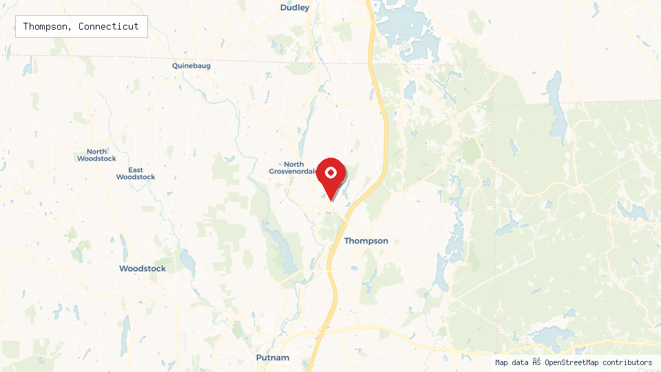 Street map of Thompson, Connecticut with location pin