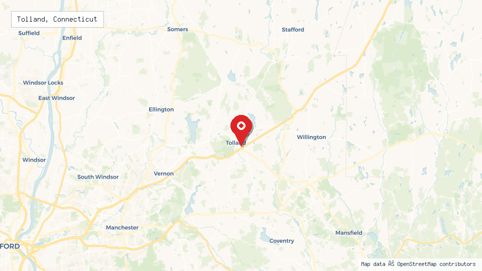 Street map of Tolland, Connecticut with location pin