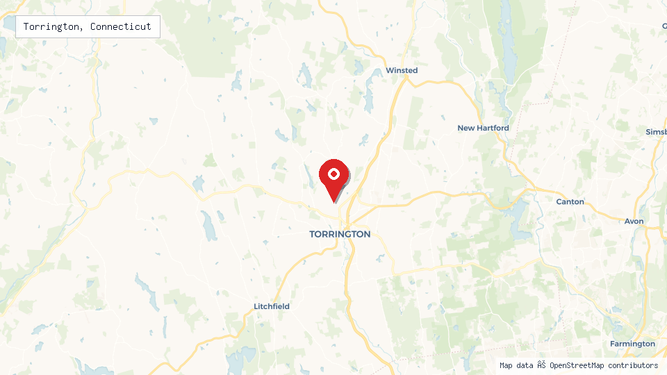 Street map of Torrington, Connecticut with location pin