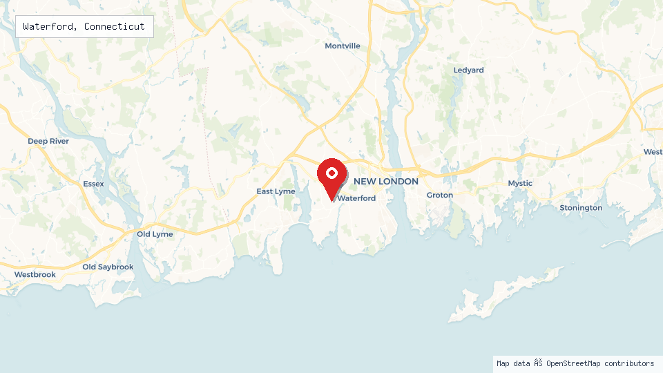 Street map of Waterford, Connecticut with location pin