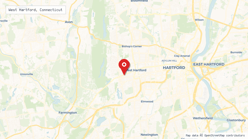 Street map of West Hartford, Connecticut with location pin