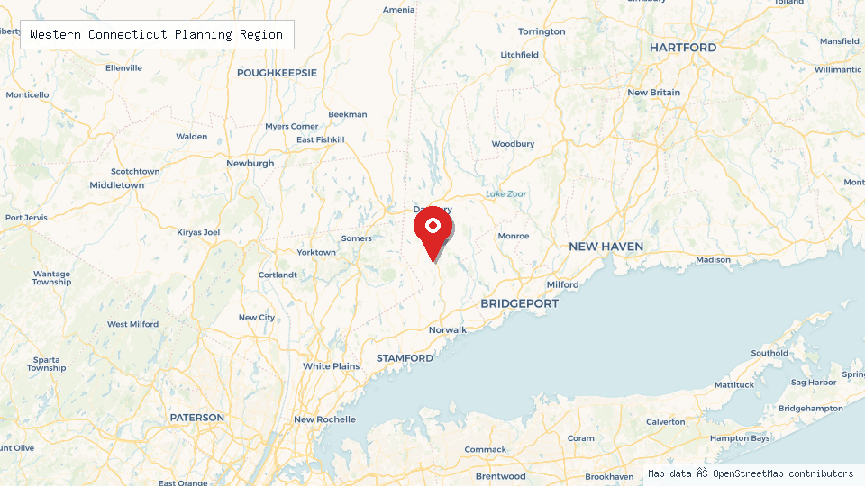 Street map of Western Connecticut Planning Region with location pin