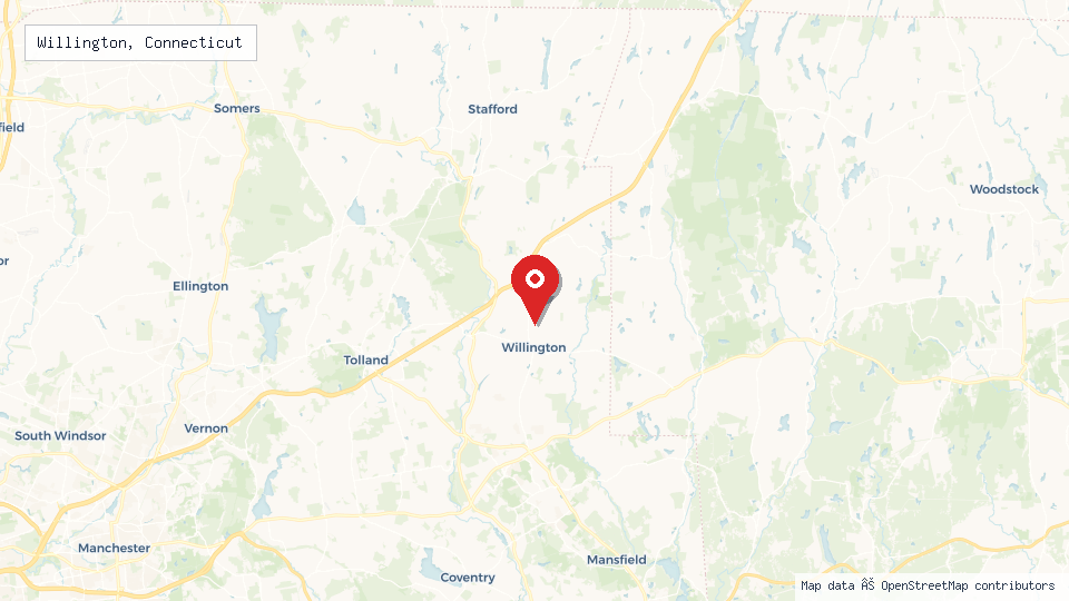 Street map of Willington, Connecticut with location pin