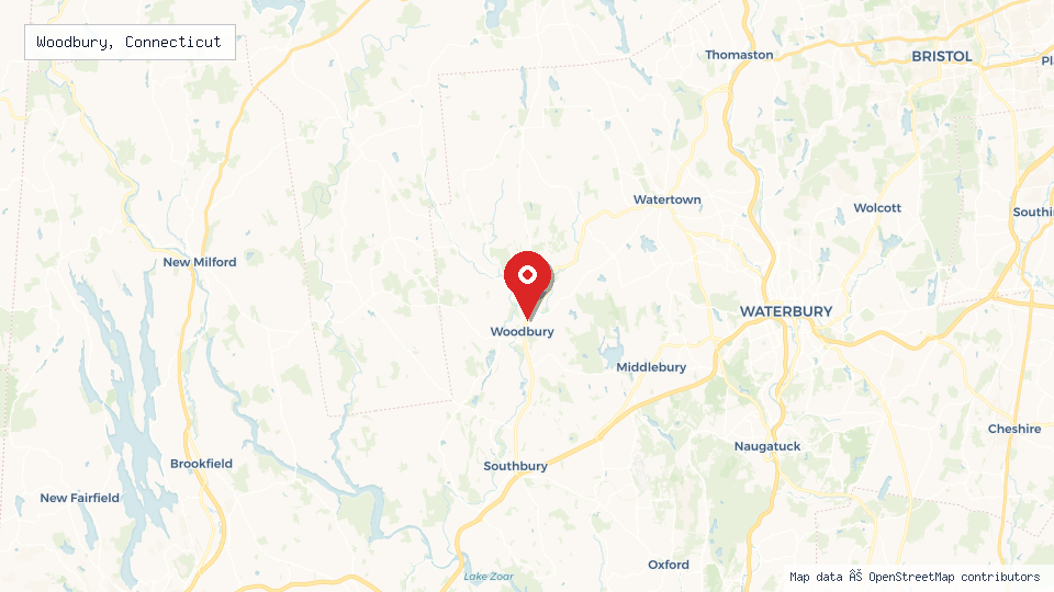 Street map of Woodbury, Connecticut with location pin