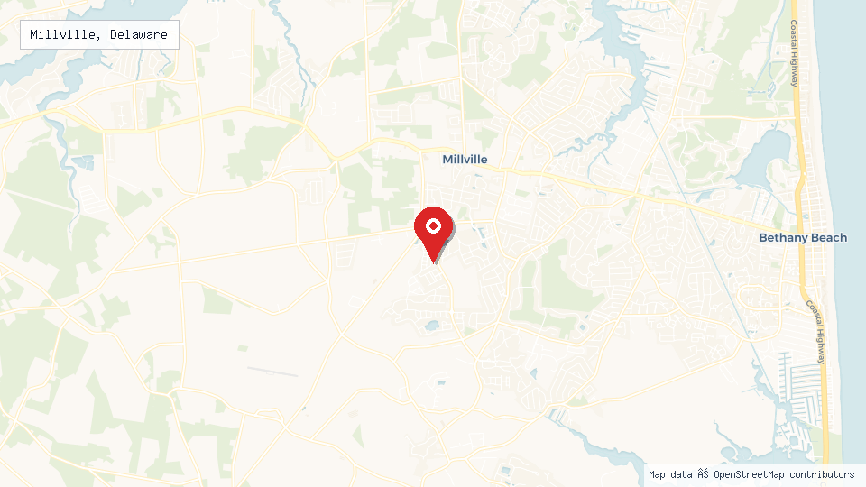 Street map of Millville, Delaware with location pin
