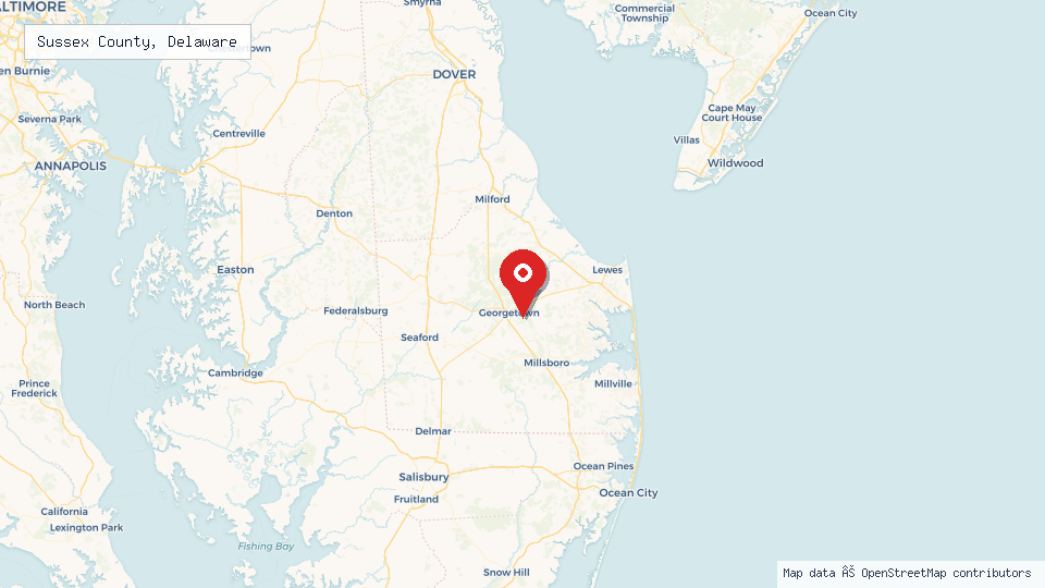 Street map of Sussex County, Delaware with location pin