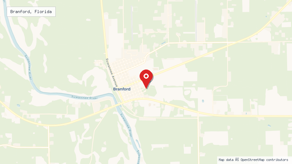 Street map of Branford, Florida with location pin