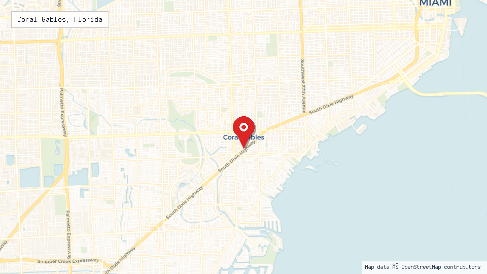 Street map of Coral Gables, Florida with location pin